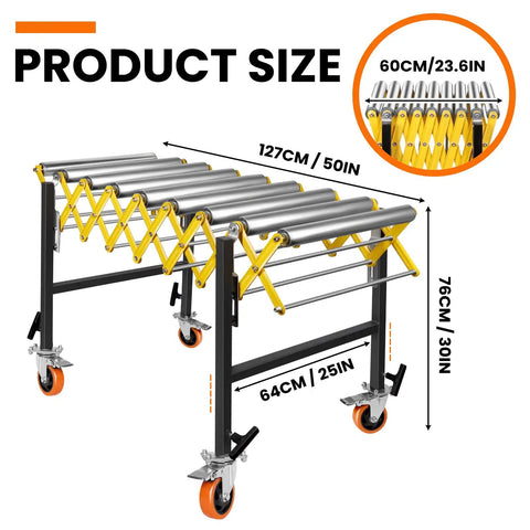 Heavy Duty Commercial Expandable Roller Stand With 700 Lbs Capacity, Adjustable Gravity Conveyor System For Workshop Material Handling with dimensions.