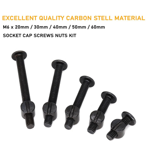 Built Different M6 Hex Socket Cap Bolts And Slotted Barrel Nuts Assortment Kit For Crib Cot Bed Furniture Hardware Screw Replacements With No Sweat Setup In Classic Black Finish, five black carbon steel bolts in various lengths.