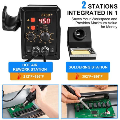 2 In 1 Hot Air Rework Soldering Station Kit With Rapid Heat Up, Dual Independent Control, Auto Sleep And Calibration for PCB work