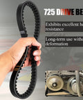 Hand holding 725 Go Kart Belt for 30 Series Torque Converter Replacement, durable V belt shown with heat resistance features.