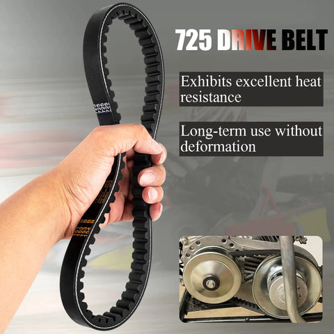 Hand holding 725 Go Kart Belt for 30 Series Torque Converter Replacement, durable V belt shown with heat resistance features.