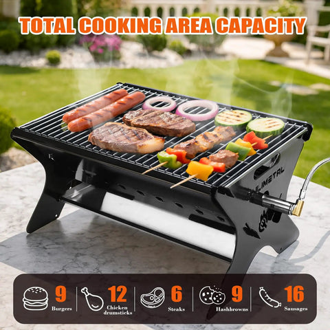 Portable Camping Grill Foldable Charcoal And Gas BBQ with food on grate, outdoor setting with cooking area capacity shown
