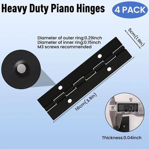 Built Different 4 Pack 4 Inch Heavy Duty Piano Hinges, Black Stainless Steel Continuous Joint, 2 Inch Open Width, measuring tools.