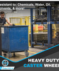 Front-angle view of blue industrial cart with two rigid 6x2 in heavy-duty non-marking thermoplastic rubber casters.