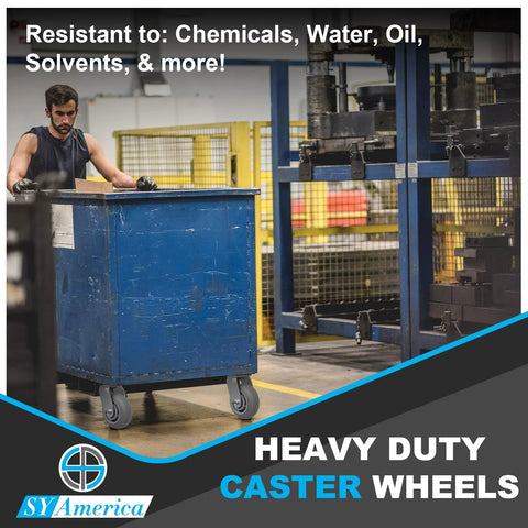 Front-angle view of blue industrial cart with two rigid 6x2 in heavy-duty non-marking thermoplastic rubber casters.