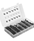 M6 Cage Nut And Screw Kit For Racks And Cabinets, Heavy Duty Carbon Steel Fasteners In Black Finish, Tool Free Quick Install Spring Loaded Cage Nuts With Screws For Chassis, Controllers, Vehicles, And Railways, 100 Nuts And 100 Screws. Open box with black M6 cage nuts and screws