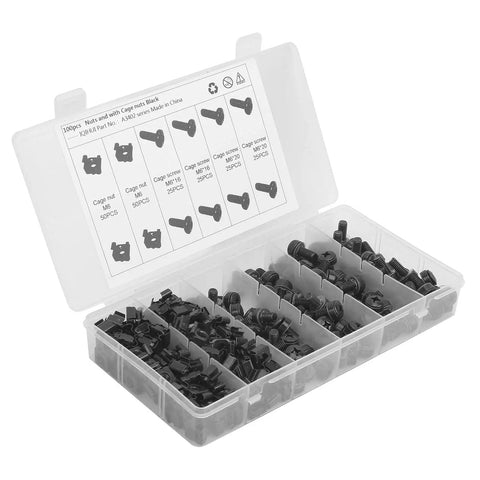 M6 Cage Nut And Screw Kit For Racks And Cabinets, Heavy Duty Carbon Steel Fasteners In Black Finish, Tool Free Quick Install Spring Loaded Cage Nuts With Screws For Chassis, Controllers, Vehicles, And Railways, 100 Nuts And 100 Screws. Open box with black M6 cage nuts and screws