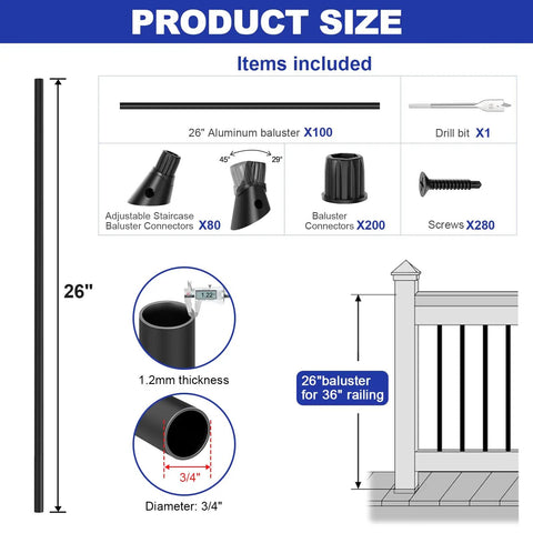 No Sweat Setup 100 Pack 26 Inch Round Aluminum Deck Balusters, Three Quarter Inch Diameter Black Anodized Stair Spindles, Heavy Duty Railing Kit With Mounting Hardware For Quick Backyard Makeovers product size and included items.