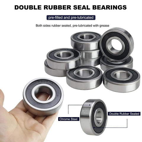 10 Pack 6305 2RS Deep Groove Ball Bearings with rubber seals in hand showcasing pre-lubricated smooth operation.