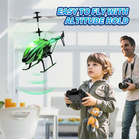Kids RC Helicopter With 8 Light Modes And Easy Controls, 26 Minute Flight With Two Batteries, hovering indoors near child