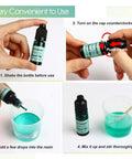 LET'S RESIN Peacock Blue epoxy pigment dye bottle; collage shows shake, open cap, add drops into turquoise resin, mix.