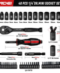Must Have Forty Eight Piece One Quarter Inch Mini Socket Ratchet Set With Seventy Two Teeth Ratchet, Metric Shallow Sockets Four To Fourteen Millimeter, Includes Thirty Bits, Bit Coupler, Drill Adapter, Universal Joint, And Three Inch Extensions displayed with sockets, ratchet handle, U-joint, bit holder, and bits.
