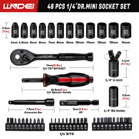 Must Have Forty Eight Piece One Quarter Inch Mini Socket Ratchet Set With Seventy Two Teeth Ratchet, Metric Shallow Sockets Four To Fourteen Millimeter, Includes Thirty Bits, Bit Coupler, Drill Adapter, Universal Joint, And Three Inch Extensions displayed with sockets, ratchet handle, U-joint, bit holder, and bits.