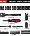 Dual Head 72-Tooth Ratchet Set With 1/4 And 3/8 Inch Drives, 57-Piece Socket Wrench Kit showing sockets and tools.