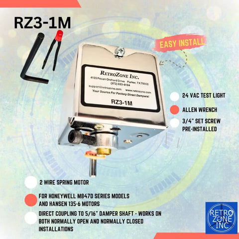 RZ3-1M Replacement Damper Motor Actuator for 24V 2-Wire Spring Return, easy install with tools and instructions visible