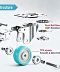 Killer 4 Inch Caster Wheels Heavy Duty TPR Silent Rollers parts layout, featuring dual ball bearing, metal components, and TPR wheel for smooth glide.