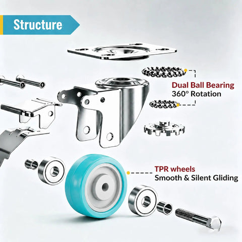 Killer 4 Inch Caster Wheels Heavy Duty TPR Silent Rollers parts layout, featuring dual ball bearing, metal components, and TPR wheel for smooth glide.