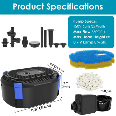 All In One Pond Fountain Kit With 550GPH Pump Three Spray Patterns Color LED And UV Light Easy Setup Outdoor Pond Filter System specifications