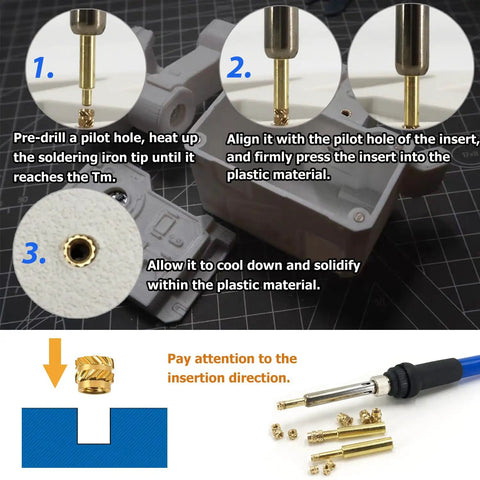 12 Piece M2.5 M3 M4 Threaded Inserts Kit With Three Soldering Iron Tip Sizes diagram and usage instructions