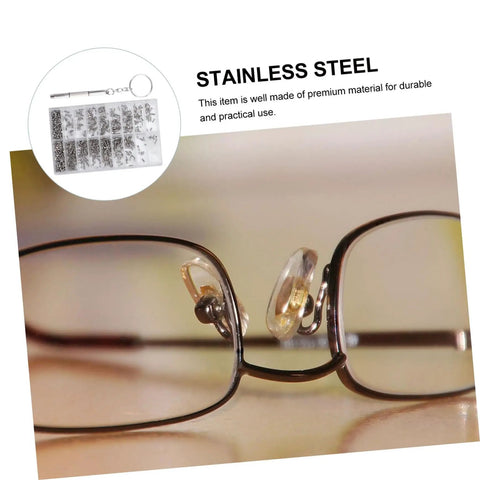 Close-up of eyeglasses with nose pads using 1000 Pcs Sunglasses Repair Screws Kit With Storage Case For Eyeglasses Watches And Jewelry