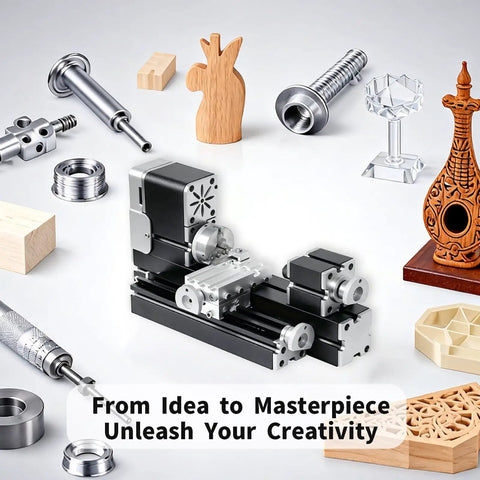 All Metal Mini Lathe Machine 36W 20,000 RPM Precision Lathe With 0.02mm Scale for wood and soft metals, surrounded by crafted items