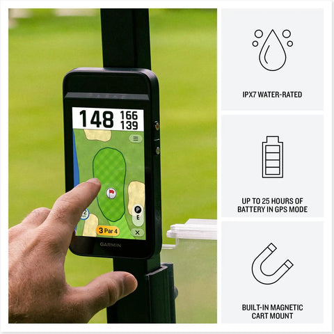 User interacting with the Approach G82 Portable Golf Launch Monitor with Premium GPS Handheld 5 Inch Color Touchscreen 41000+ Courses CourseView Maps