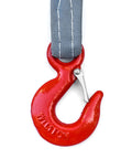 Built Tough Heavy Duty 5 Foot Four Leg Rigging Sling With Grab Hook And Adjuster, 3 Ton G80 Alloy Steel Chain Link Eye Hook Hoist Gear For Safe Towing And Cargo Handling On Job Sites close-up red grab hook and gray strap