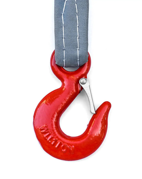 Built Tough Heavy Duty 5 Foot Four Leg Rigging Sling With Grab Hook And Adjuster, 3 Ton G80 Alloy Steel Chain Link Eye Hook Hoist Gear For Safe Towing And Cargo Handling On Job Sites close-up red grab hook and gray strap