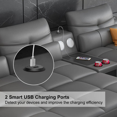 Recessed USB Power Grommet For Sleek Desk And Sofa Setup Featuring Built In Dual Fast Charging Ports With Totally Hidden Cord Routing For A Clean Game Vibe installed in a leather sofa with charging cable.