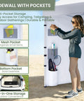 Woman using mesh pockets on 10x10 Pop Up Canopy Tent With Pocket Sidewalls, One Push Setup, Easy Outdoor Sun Shade, White CP23.