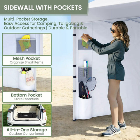 Woman using mesh pockets on 10x10 Pop Up Canopy Tent With Pocket Sidewalls, One Push Setup, Easy Outdoor Sun Shade, White CP23.