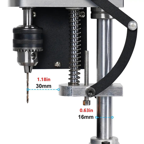 Heavy Duty 200W Mini Bench Drill Press Stand With Seven Gear Variable Speed Up To 8000 R/min Precision Pillar Drill Machine side view with drill chuck and metal parts.