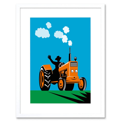 Smiling Farm Tractor And Transport Machine Black Framed Art Print 12 By 16 Inches for wall decor in rustic farmhouse style.