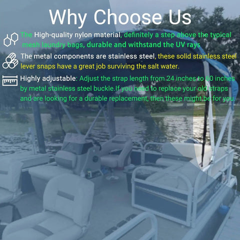 Boat with adjustable white bimini top straps 2 pcs marine nylon webbing and stainless steel hardware against lake view