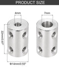 Top Shelf Steel Shaft Coupler Kit For 3D Makers And Hobby Motors, Hella Durable 4mm To 7mm Rigid Connector With Hex Key showing size dimensions.