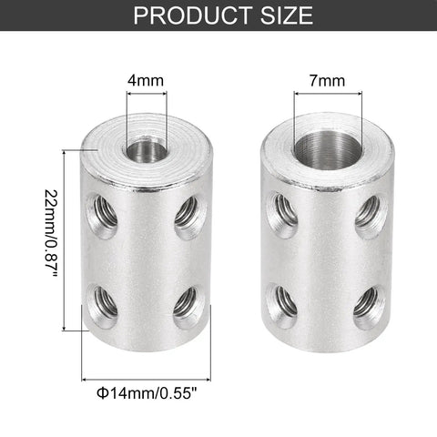 Top Shelf Steel Shaft Coupler Kit For 3D Makers And Hobby Motors, Hella Durable 4mm To 7mm Rigid Connector With Hex Key showing size dimensions.