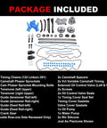 Beefed Up Timing Chain Kit with Oil Pump and Water Pump for 5.4L V8 Ford Trucks, components laid out with list of included parts.