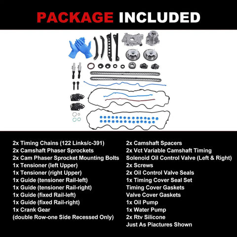Beefed Up Timing Chain Kit with Oil Pump and Water Pump for 5.4L V8 Ford Trucks, components laid out with list of included parts.