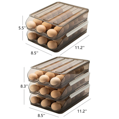 36 Grid Capacity Automatic Rolling Egg Holder For Refrigerator Two Layer Stackable Egg Tray Organizer Fridge Egg Storage Rack With No Fuss Auto Roll Design Food Grade PP Light Brown, showing dimensions.