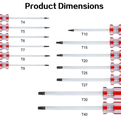 Badass 13 Piece Magnetic Torx Screwdriver Set Featuring Security Tamper Proof Star Bits In All Sizes T4 To T40, showing product dimensions.