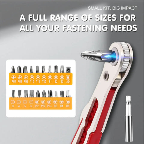 22-In-1 Magnetic Ratchet Screwdriver Set With Reversible Wrench And Bits, display of ratchet and bit sizes, compact red kit
