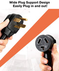 One And A Half Foot 3 Prong To 4 Prong Dryer Plug Adapter, close-up of 14-30P male plug and 10-30R female receptacle, 30A 250V