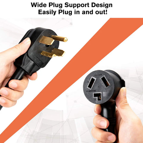 One And A Half Foot 3 Prong To 4 Prong Dryer Plug Adapter, close-up of 14-30P male plug and 10-30R female receptacle, 30A 250V