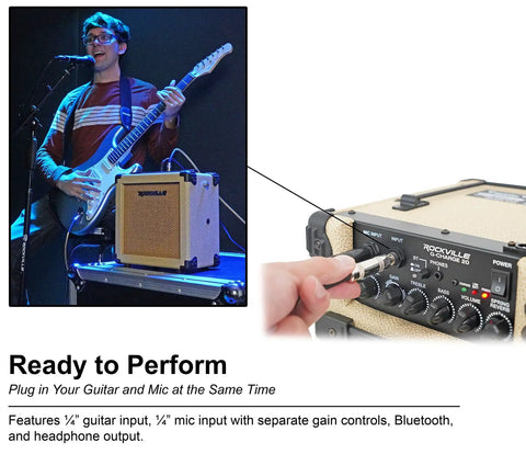 G-Charge 20 Battery Powered Guitar Amplifier With 6.5 Inch Speaker in use on stage with musician, close-up of input controls