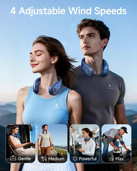 Couple wearing Portable Neck Fan With 5200mAh Battery Bladeless Personal Cooler in outdoor setting; four speed settings shown.
