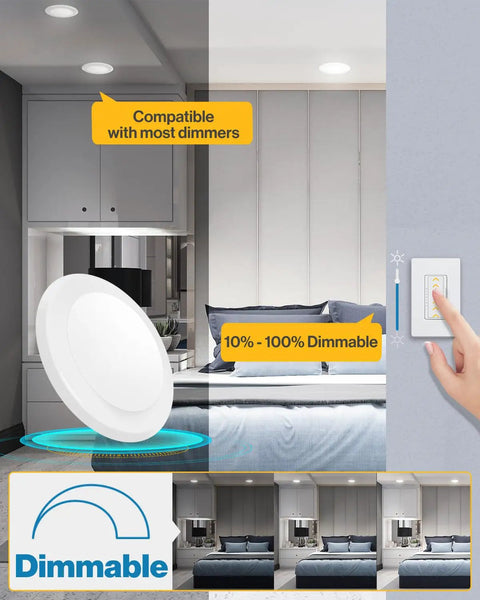 16 Pack Ultra Thin 6 Inch LED Recessed Can Lights Dimmable 1050 Lumens With Selectable CCT 2700K 3000K 4000K 5000K 6000K, dimmability shown with adjustable switch near bed