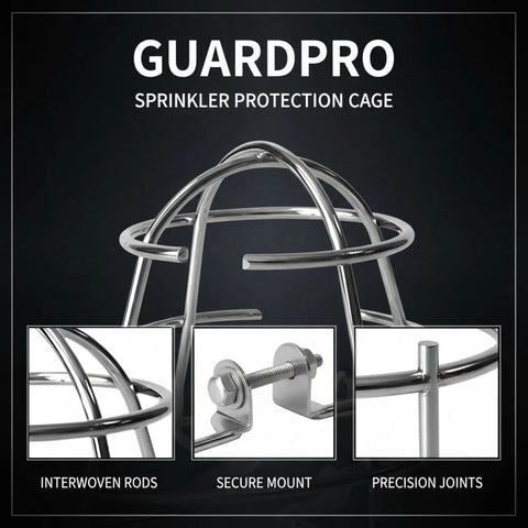 GuardPro Six Pack Beater Proof Fire Sprinkler Head Guard Cage Heavy Duty Iron design with interwoven rods and secure mount.