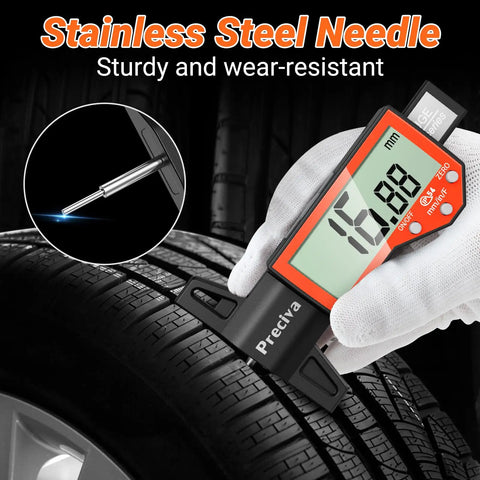 Digital Tire Tread Depth Gauge With Large LCD Display touching tire tread, showing 15.88 mm with stainless steel needle.