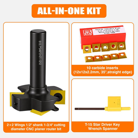 Pro Grade CNC Spoilboard Surfacing Router Bit with 1/2 inch shank, carbide inserts, and T-15 driver key.