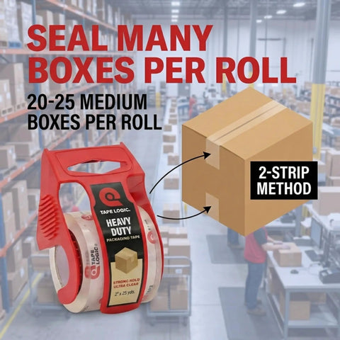 Heavy-duty tape with dispenser for sealing Medium Moving Boxes 18 By 14 By 12 Inches, 10 Pack With Packaging Tape For Moving, Packing, Shipping And Storage Grab And Go Ready For Apartment, Home Or Office Relocation. Two-strip method instruction shown in warehouse background.